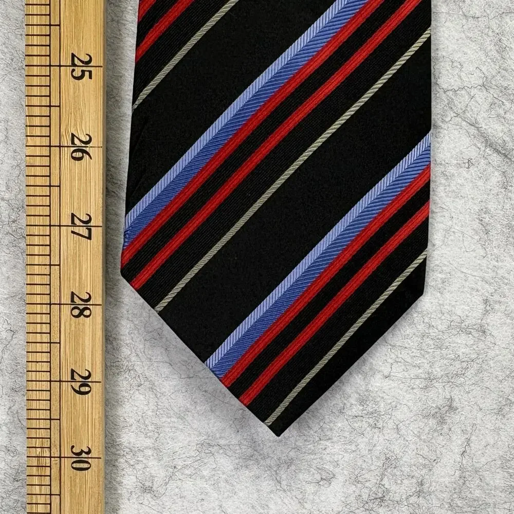 Dona Black Silk Striped Men's Tie Hand Made Diagonal Red Blue Gold NWT 58